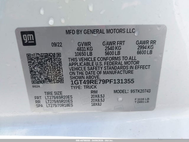 Aukcja sprzedaży 2023 Gmc Sierra 2500hd, vin: 1GT49RE79PF131355, numer aukcji: 44769358