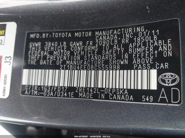 Aukcja sprzedaży 2011 Toyota Corolla S, vin: 2T1BU4EE0BC555998, numer aukcji: 44769367
