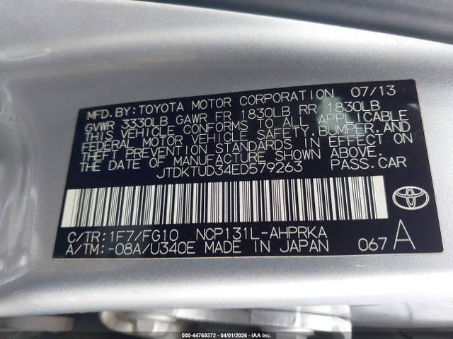 JTDKTUD34ED579263 Toyota Yaris Le (tmc/cbu Plant)