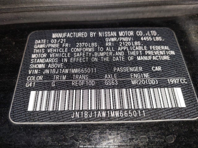 JN1BJ1AW1MW665011 Nissan Rogue Sport S Awd Xtronic Cvt