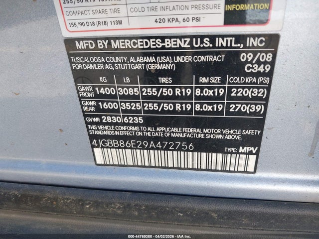 2009 Mercedes-benz Ml 350 4matic მანქანა იყიდება აუქციონზე, vin: 4JGBB86E29A472756, აუქციონის ნომერი: 44769380