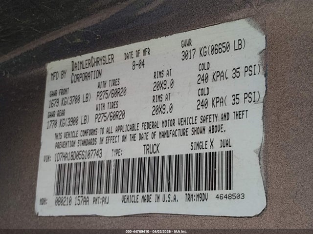 Продажа на аукционе авто 2005 Dodge Ram 1500 Slt/laramie, vin: 1D7HA18D05S107743, номер лота: 44769410