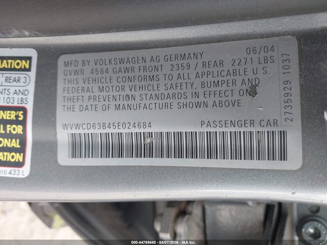 Продажа на аукционе авто 2005 Volkswagen Passat Gls, vin: WVWCD63B45E024684, номер лота: 44769445