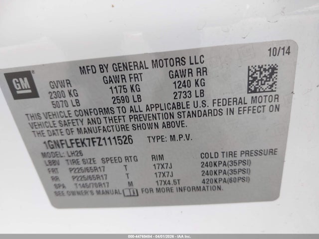 Chevrolet EQUINOX 1LT 2015 1GNFLFEK7FZ111526 Image 9