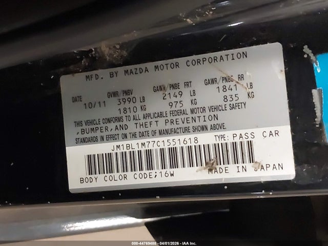 44769488 :رقم المزاد ، JM1BL1M77C1551618 vin ، 2012 Mazda Mazda3 I Grand Touring مزاد بيع