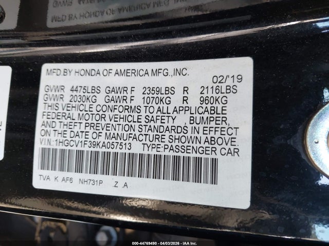 1HGCV1F39KA057513 Honda Accord Sport