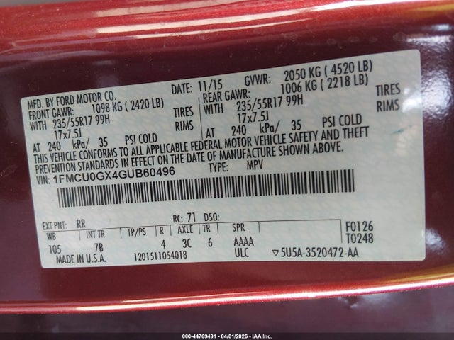 1FMCU0GX4GUB60496 Ford ESCAPE SE