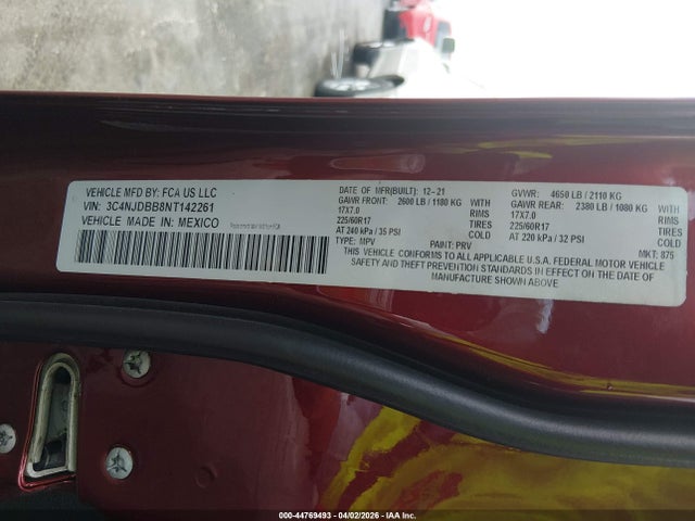 Продаж на аукціоні авто 2022 Jeep Compass Latitude 4x4, vin: 3C4NJDBB8NT142261, номер лоту: 44769493