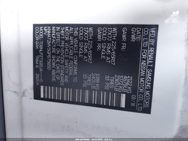 KNMAT2MV5GP675650 Nissan Rogue S/sl/sv