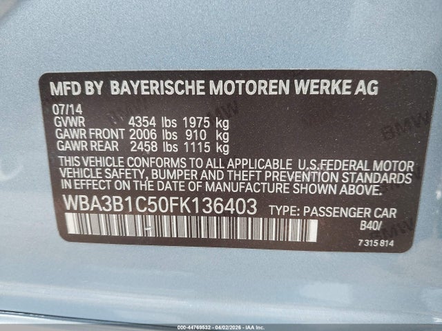 Aukcja sprzedaży 2015 Bmw 320i, vin: WBA3B1C50FK136403, numer aukcji: 44769532