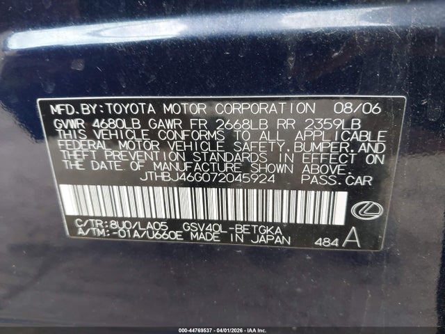 2007 Lexus Es 350 მანქანა იყიდება აუქციონზე, vin: JTHBJ46G072045924, აუქციონის ნომერი: 44769537