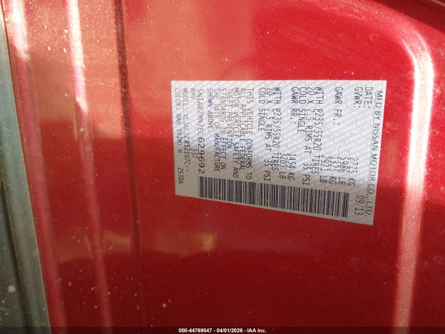44769547 :رقم المزاد ، 5N1AR2MN2EC629692 vin ، 2014 Nissan Pathfinder Platinum مزاد بيع