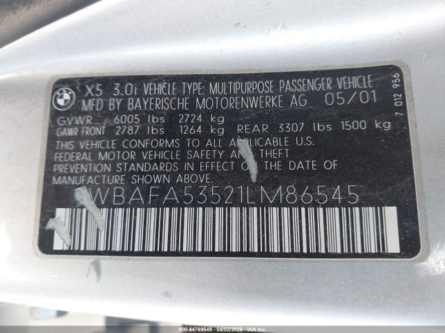 2001 Bmw X5 3.0 მანქანა იყიდება აუქციონზე, vin: WBAFA53521LM86545, აუქციონის ნომერი: 44769549