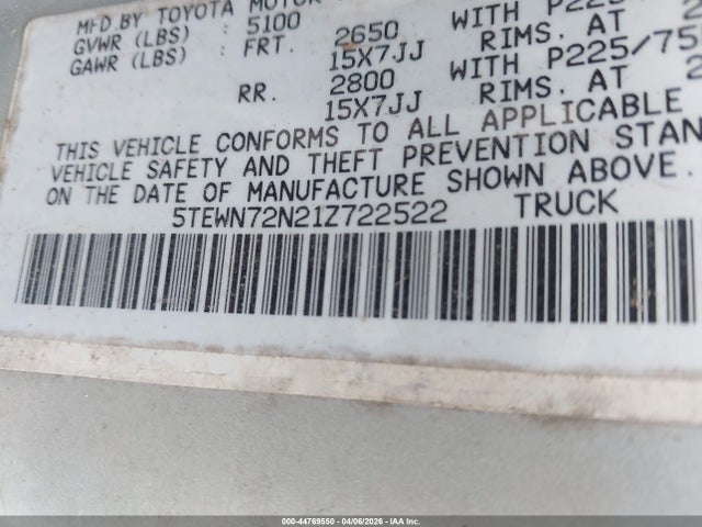 2001 TOYOTA TACOMA 5TEWN72N21Z722522 Photo 8