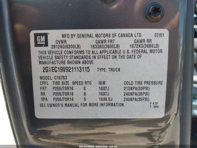 44769559 :رقم المزاد ، 2GTEC19V921113115 vin ، 2002 Gmc Sierra 1500 Sle مزاد بيع