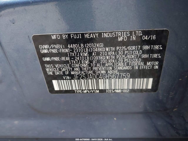 Продаж на аукціоні авто 2016 Subaru Forester 2.5i Premium, vin: JF2SJADC4GH567759, номер лоту: 44769568
