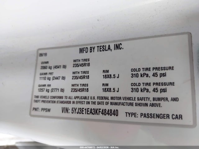 44769572 :رقم المزاد ، 5YJ3E1EA3KF484840 vin ، 2019 Tesla Model 3 مزاد بيع