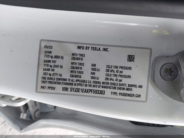 Продаж на аукціоні авто 2023 Tesla Model 3 Rear-wheel Drive, vin: 5YJ3E1EAXPF593383, номер лоту: 44769593