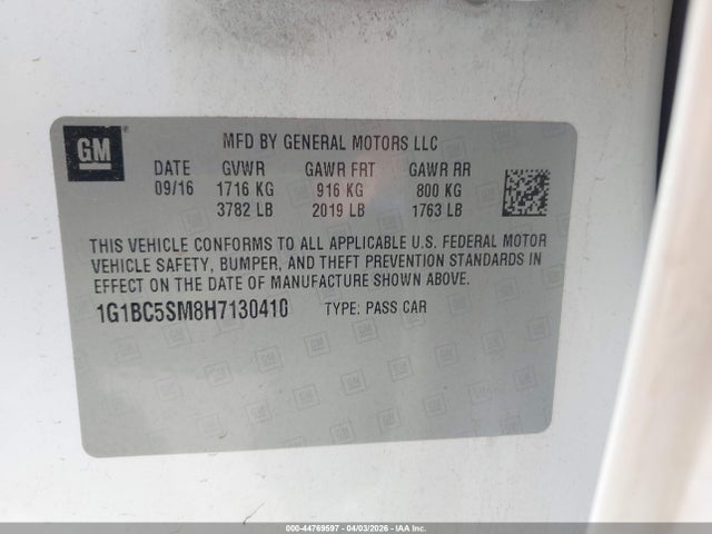 44769597 :رقم المزاد ، 1G1BC5SM8H7130410 vin ، 2017 Chevrolet Cruze Ls Auto مزاد بيع