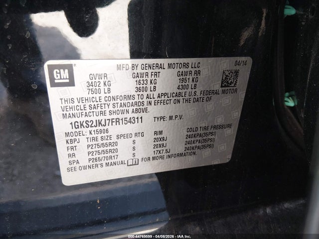 44769599 :رقم المزاد ، 1GKS2JKJ7FR154311 vin ، 2015 Gmc Yukon Xl 1500 Denali مزاد بيع