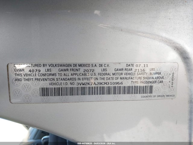 44769628 :رقم المزاد ، 3VW2K7AJ9CM310956 vin ، 2012 Volkswagen Jetta 2.0l S مزاد بيع
