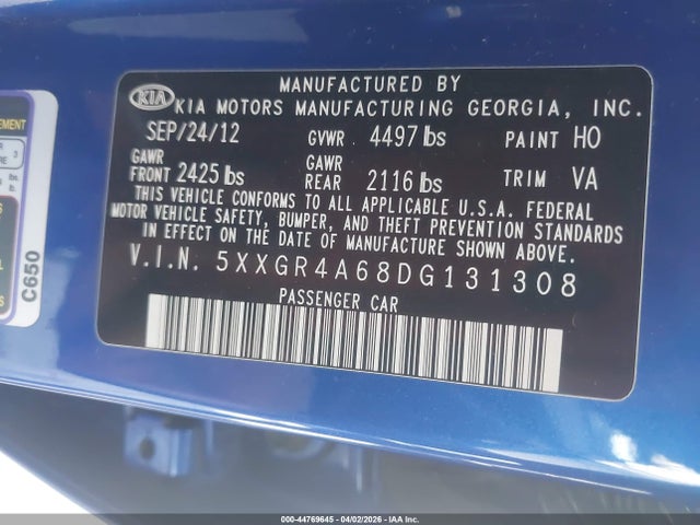Aukcja sprzedaży 2013 Kia Optima Sx, vin: 5XXGR4A68DG131308, numer aukcji: 44769645