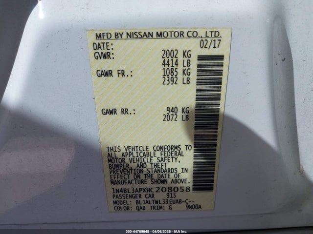 1N4BL3APXHC208058 Nissan Altima 3.5 Sl