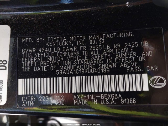 2024 Lexus Es 300h მანქანა იყიდება აუქციონზე, vin: 58ADA1C19RU040189, აუქციონის ნომერი: 44769650