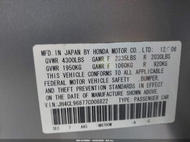 Продаж на аукціоні авто 2007 Acura Tsx, vin: JH4CL96877C008822, номер лоту: 44769661
