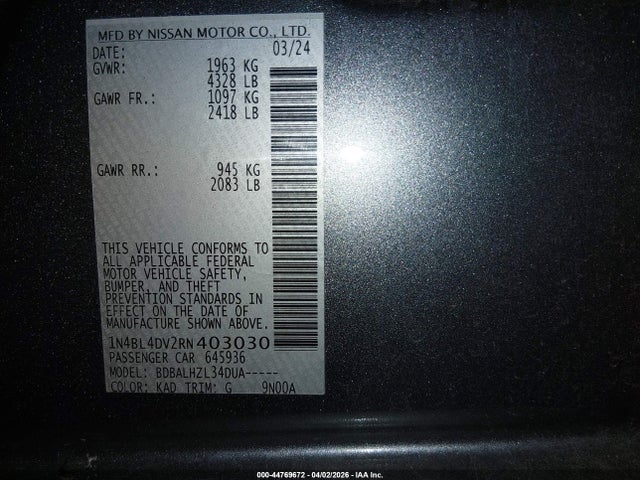 1N4BL4DV2RN403030 Nissan Altima Sv Fwd
