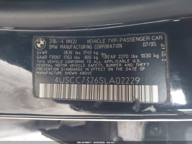 1995 Bmw 318 I მანქანა იყიდება აუქციონზე, vin: 4USCC7326SLA02229, აუქციონის ნომერი: 44769677