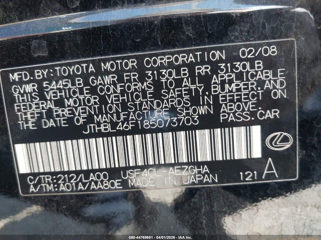 44769681 :رقم المزاد ، JTHBL46F185073703 vin ، 2008 Lexus Ls 460 مزاد بيع
