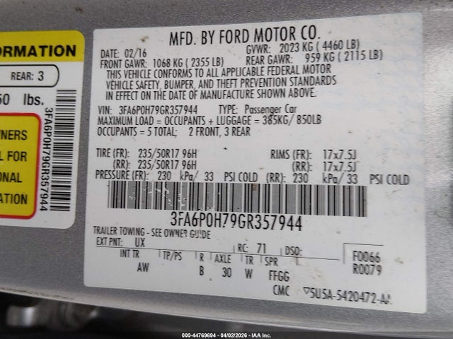 2016 FORD FUSION 3FA6P0H79GR357944 Photo 8