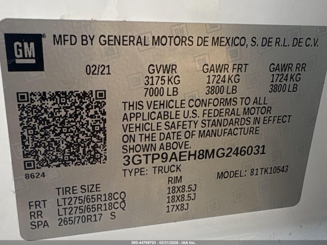 Продаж на аукціоні авто 2021 Gmc Sierra 1500, vin: 3GTP9AEH8MG246031, номер лоту: 44769703