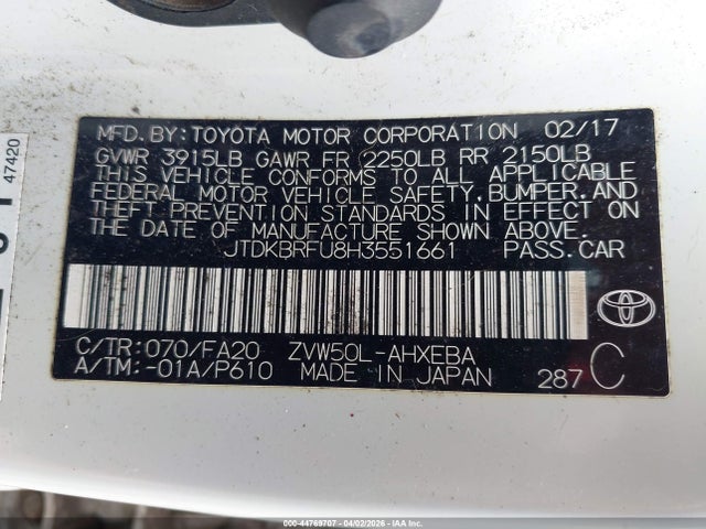 JTDKBRFU8H3551661 Toyota Prius Two