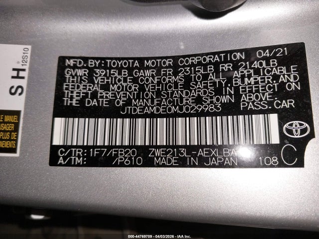 Aukcja sprzedaży 2021 Toyota Corolla Hybrid Le, vin: JTDEAMDE0MJ029983, numer aukcji: 44769709