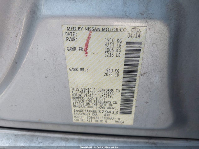 44769710 :رقم المزاد ، 1N4AL3AP4EN379433 vin ، 2014 Nissan Altima 2.5 S مزاد بيع