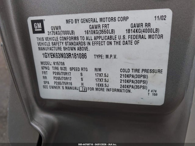 2003 CADILLAC ESCALADE 1GYEK63N03R181086 Photo 8