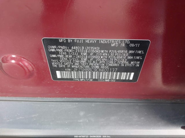 Aukcja sprzedaży 2012 Subaru Forester 2.5x, vin: JF2SHBBC9CH401137, numer aukcji: 44769723