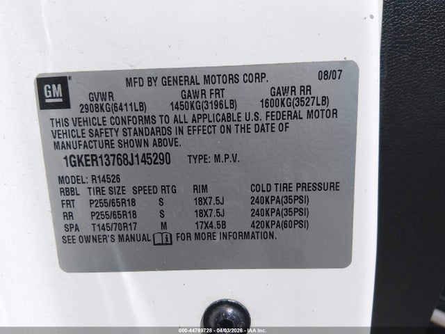 Aukcja sprzedaży 2008 Gmc Acadia Sle-1, vin: 1GKER13768J145290, numer aukcji: 44769728