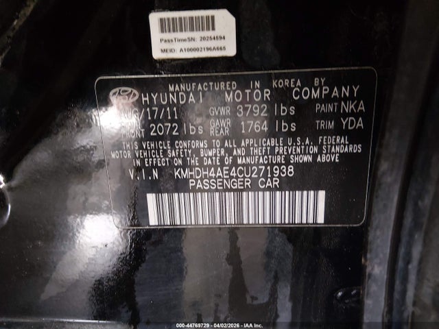 Aukcja sprzedaży 2012 Hyundai Elantra Limited (ulsan Plant), vin: KMHDH4AE4CU271938, numer aukcji: 44769729