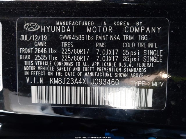 2020 Hyundai Tucson Se მანქანა იყიდება აუქციონზე, vin: KM8J23A4XLU093460, აუქციონის ნომერი: 44769733