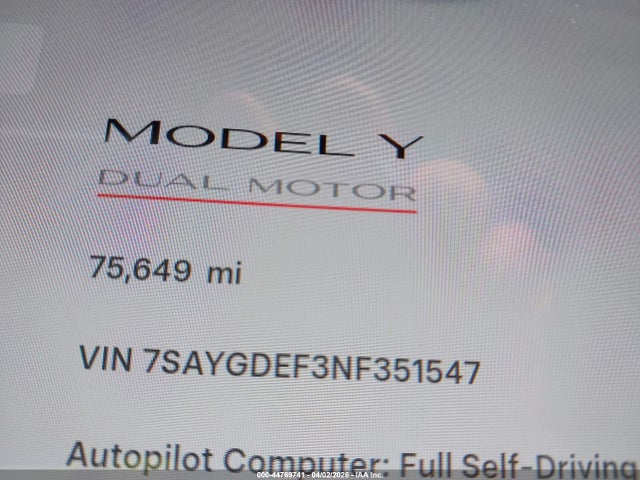Продажа на аукционе авто 2022 Tesla Model Y Performance Dual Motor All-wheel Drive, vin: 7SAYGDEF3NF351547, номер лота: 44769741