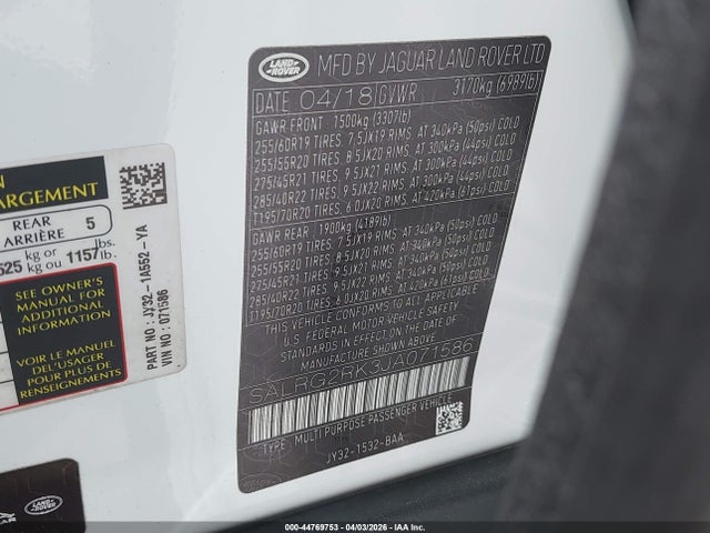 Продажа на аукционе авто 2018 Land Rover Discovery Se, vin: SALRG2RK3JA071586, номер лота: 44769753