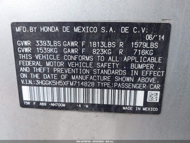 3HGGK5H5XFM714828 Honda FIT LX