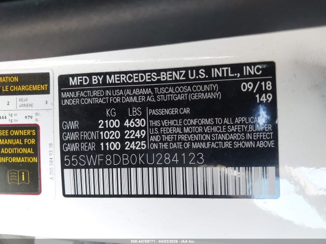 Продаж на аукціоні авто 2019 Mercedes-benz C 300, vin: 55SWF8DB0KU284123, номер лоту: 44769771