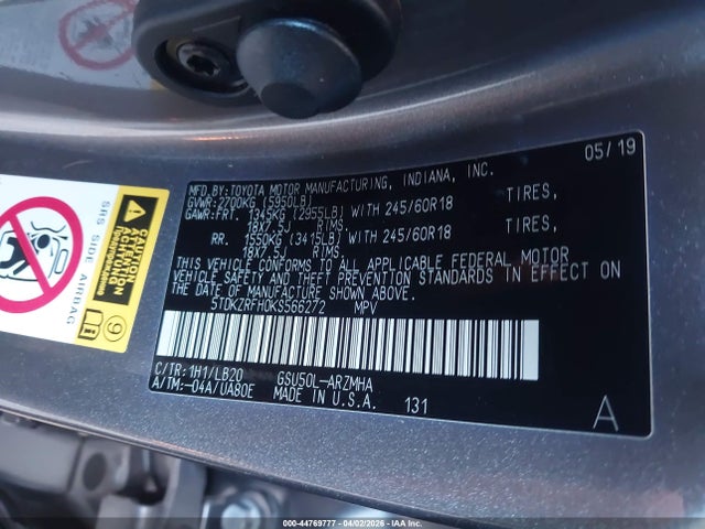5TDKZRFH0KS566272 Toyota Highlander Xle