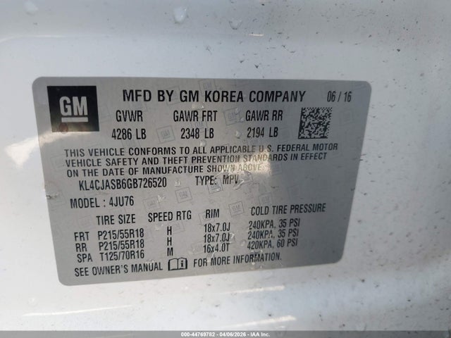 Продаж на аукціоні авто 2016 Buick Encore, vin: KL4CJASB6GB726520, номер лоту: 44769782