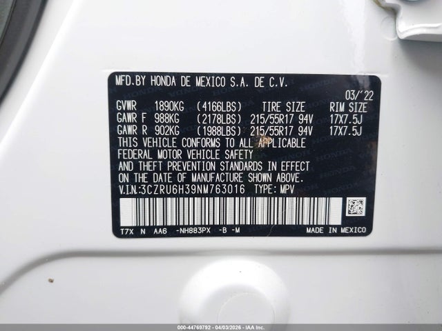 3CZRU6H39NM763016 Honda Hr-v Awd Lx