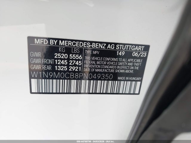 Aukcja sprzedaży 2023 Mercedes-benz Eqb 250 Suv, vin: W1N9M0CB8PN049350, numer aukcji: 44769796
